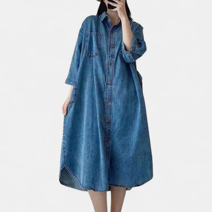 Women's Denim Midi Shirt Dress, Oversized Button Front