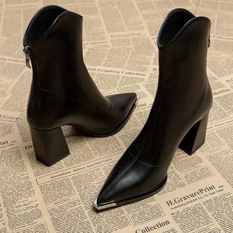 Women's Ankle Boots, Pointed Toe Block Heel Leather Side Zip