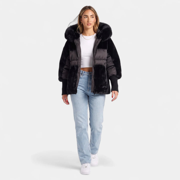 Women's Hooded Puffer Jacket, Oversized Short Faux Fur Trim