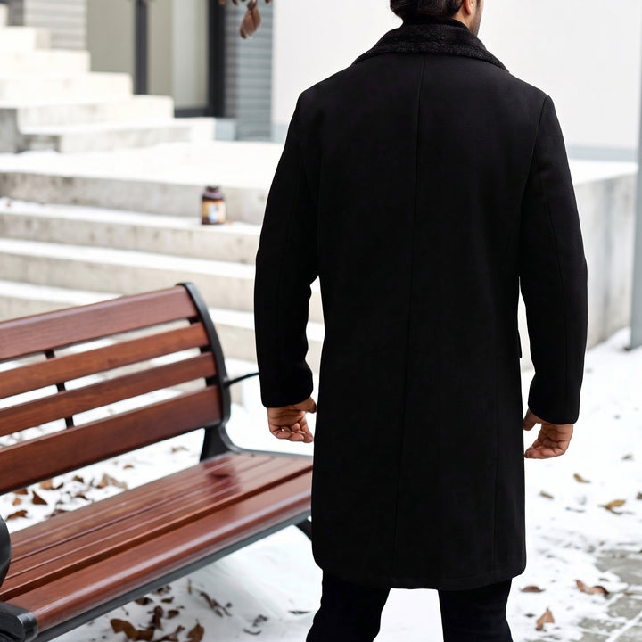 Men's Long Double Breasted Peacoat, Fur Collar Fleece Fuzzy