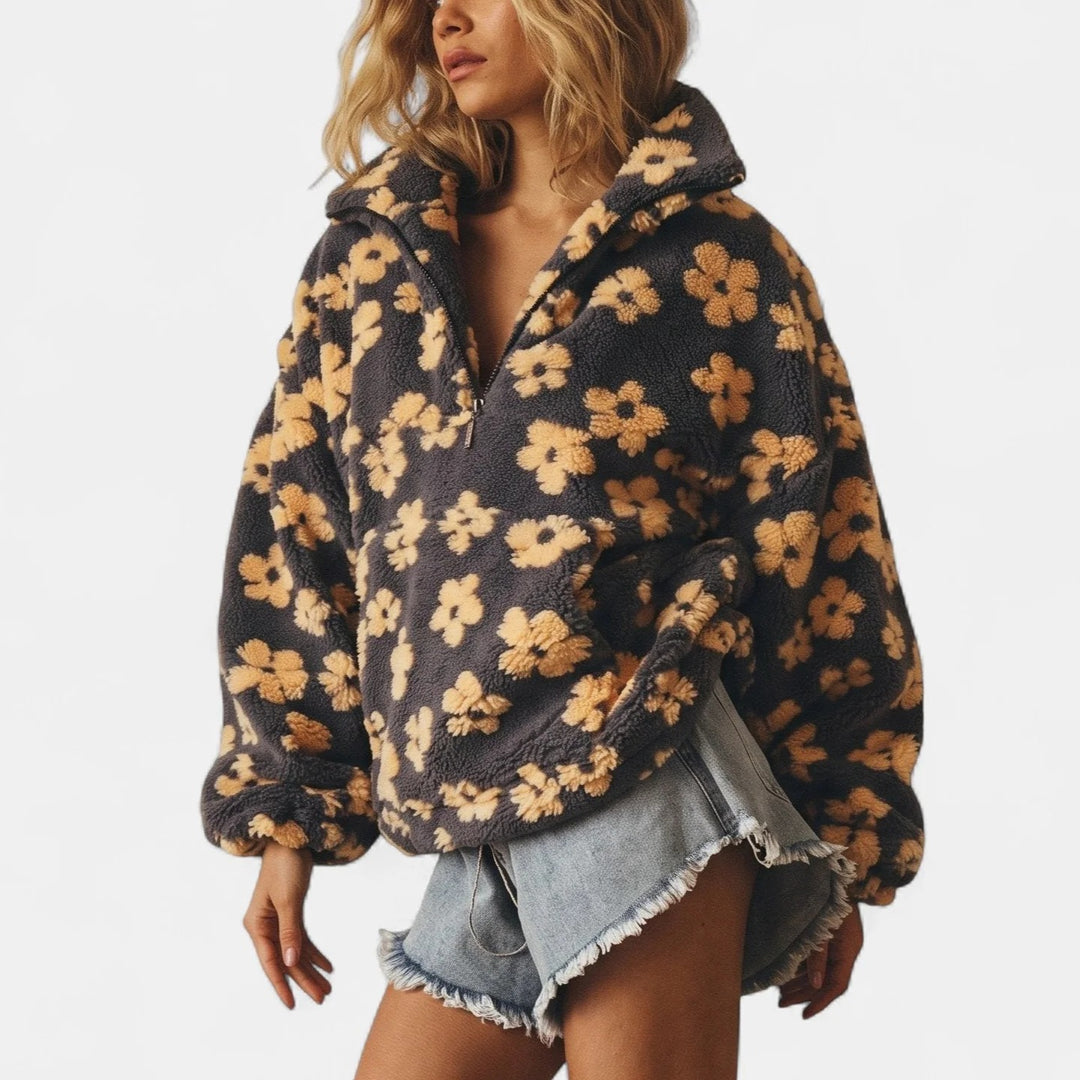 Women's Oversized Cropped Fleece Jacket, Floral Half Zip