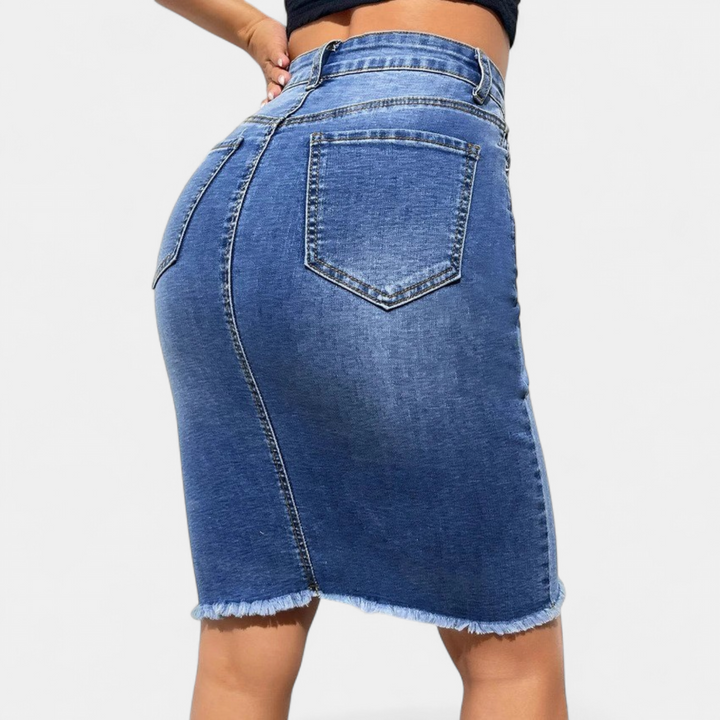 Women's High Waisted Denim Midi Skirt, Fitted Pencil Raw Hem