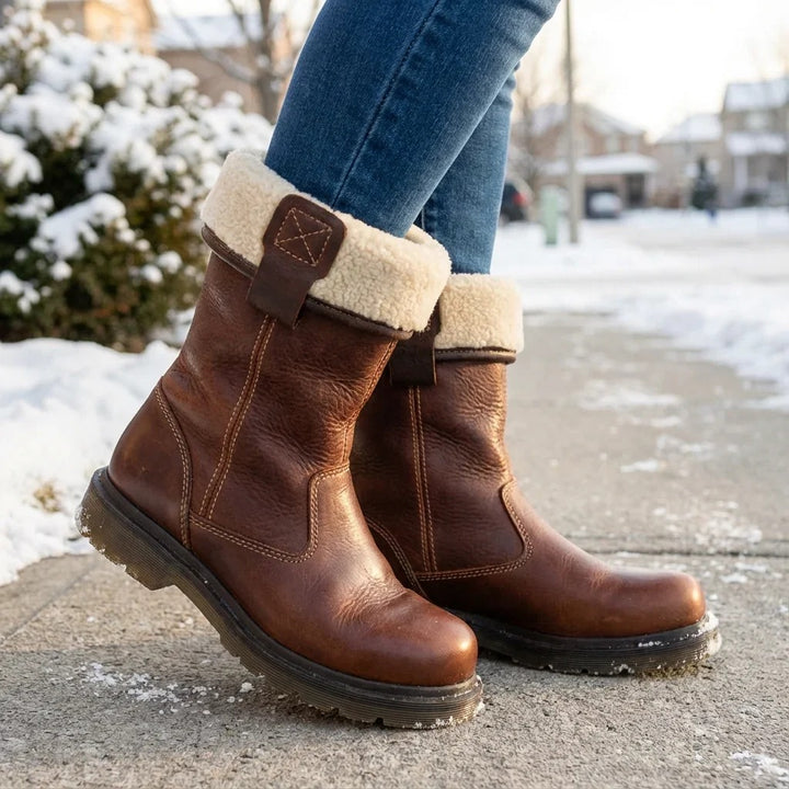 Women's Shearling Brown Boots, Mid Calf Lug Sole Pull On