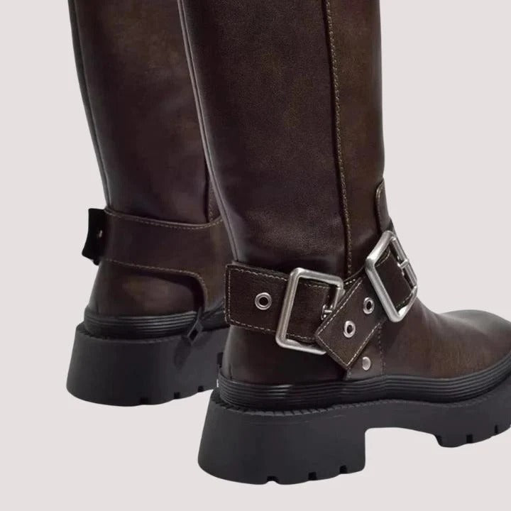 Women's Flat Heel Knee High Boots, Buckle Strap Lug Sole