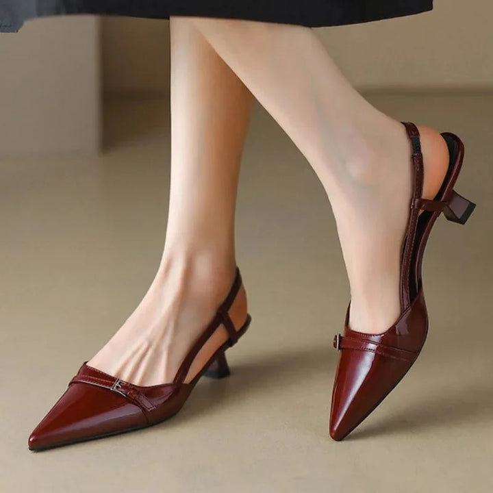 Women's Slingback T Strap Kitten Heel Pumps, Pointed Toe Buckle Detail