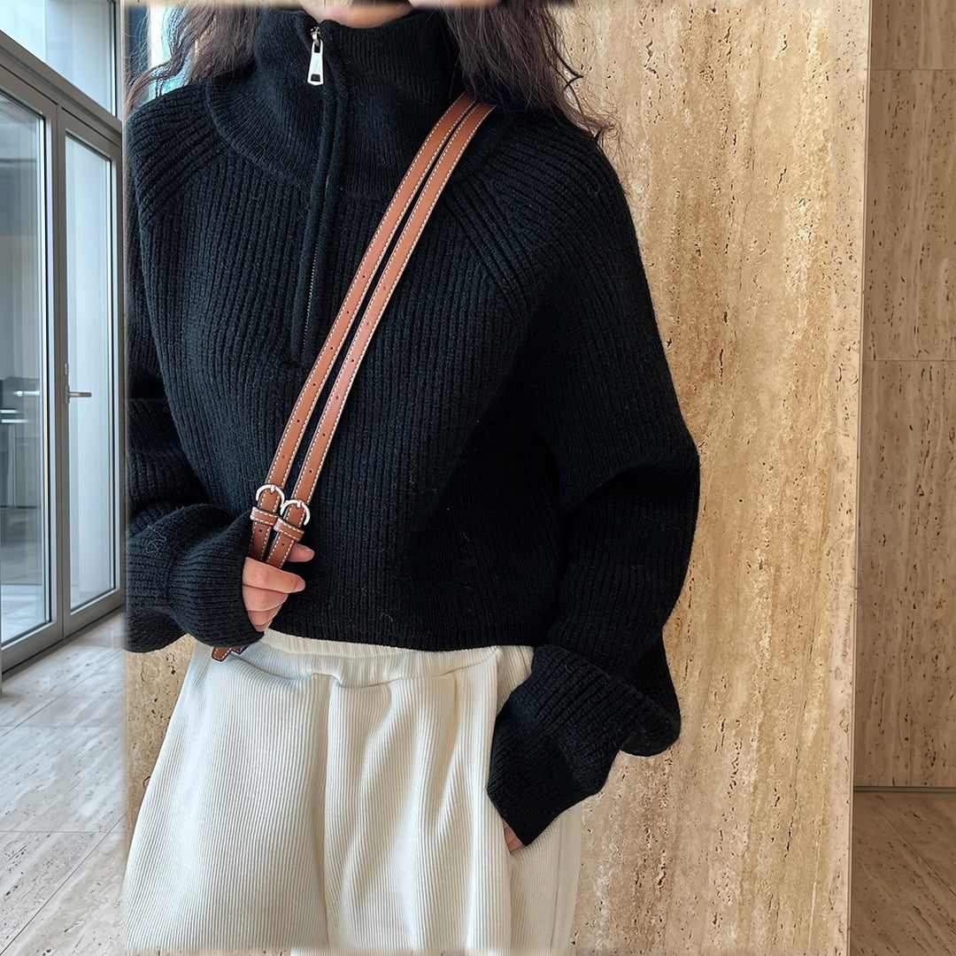 Women's Quarter Zip Sweater, Cropped Ribbed Knit Pullover