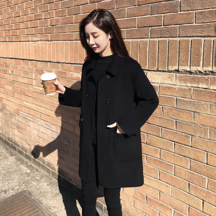 Women's Black Double Breasted Peacoat, Oversized Mid Length