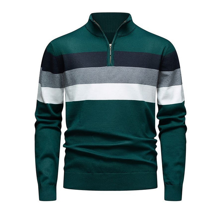 Men's Quarter Zip Sweater, Striped Ribbed Knit Mock Neck Pullover