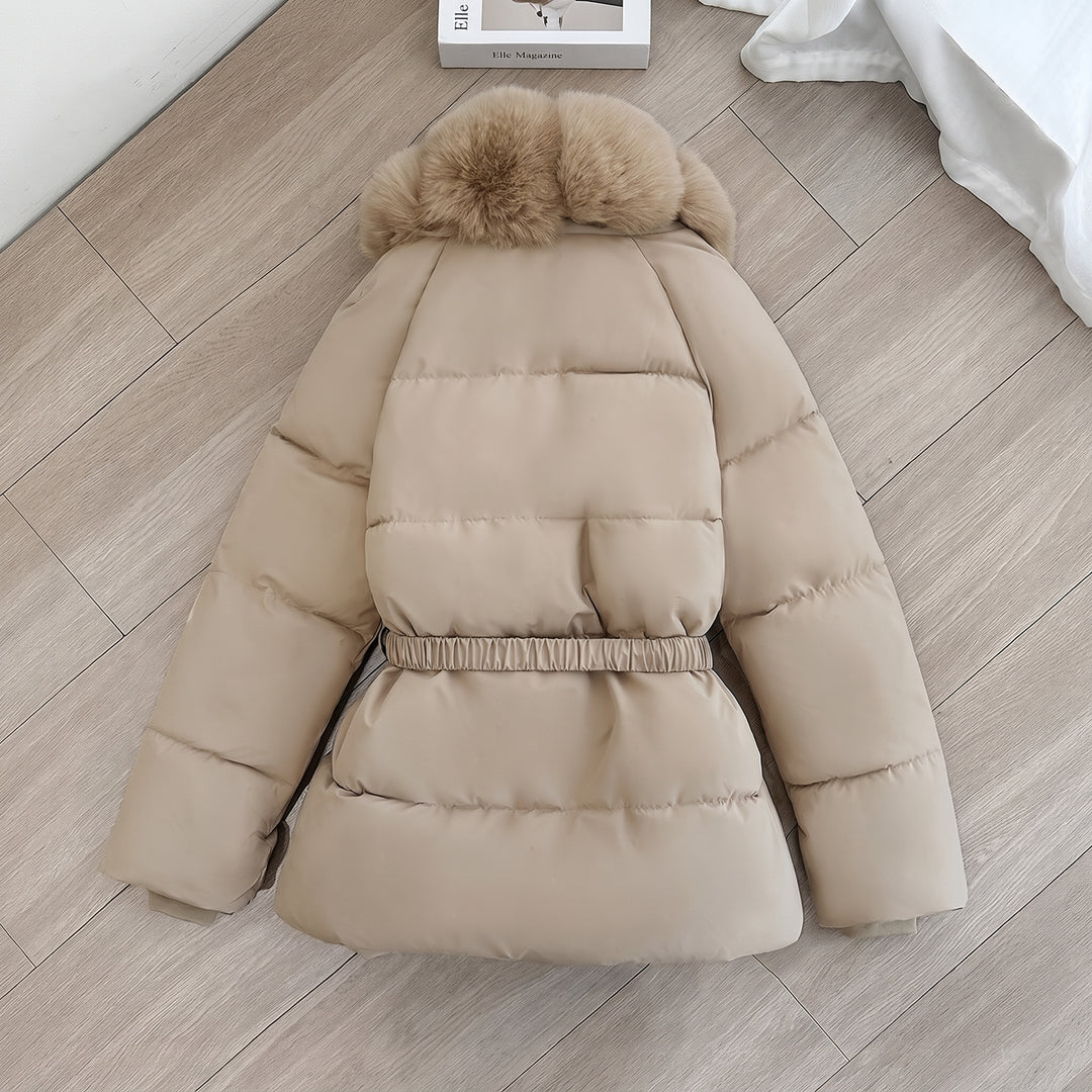 Women's Long Puffer Jacket with Fur Hood, Fitted Waist Padded Coat