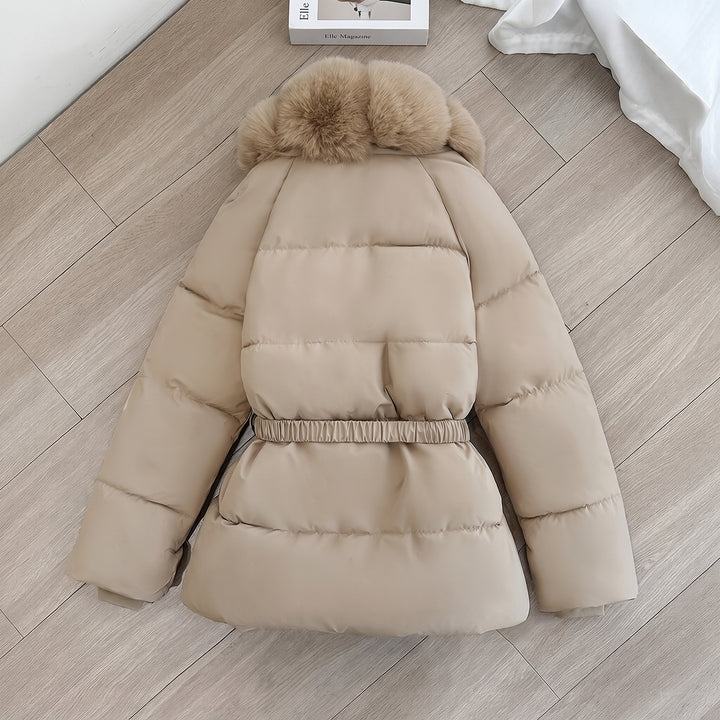 Women's Long Puffer Jacket with Fur Hood, Fitted Waist Padded Coat