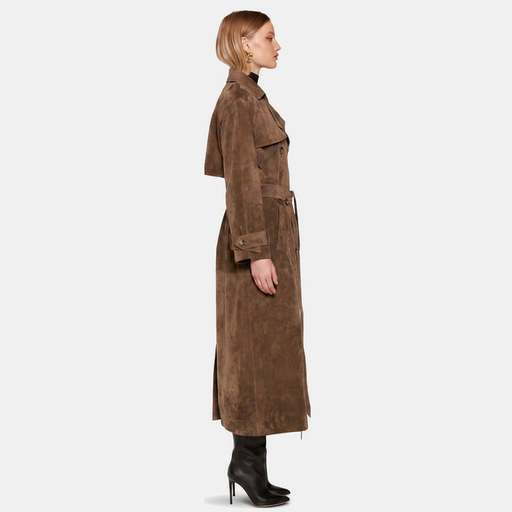 Women's Longline Suede Trench Coat, Belted Waist Button Front