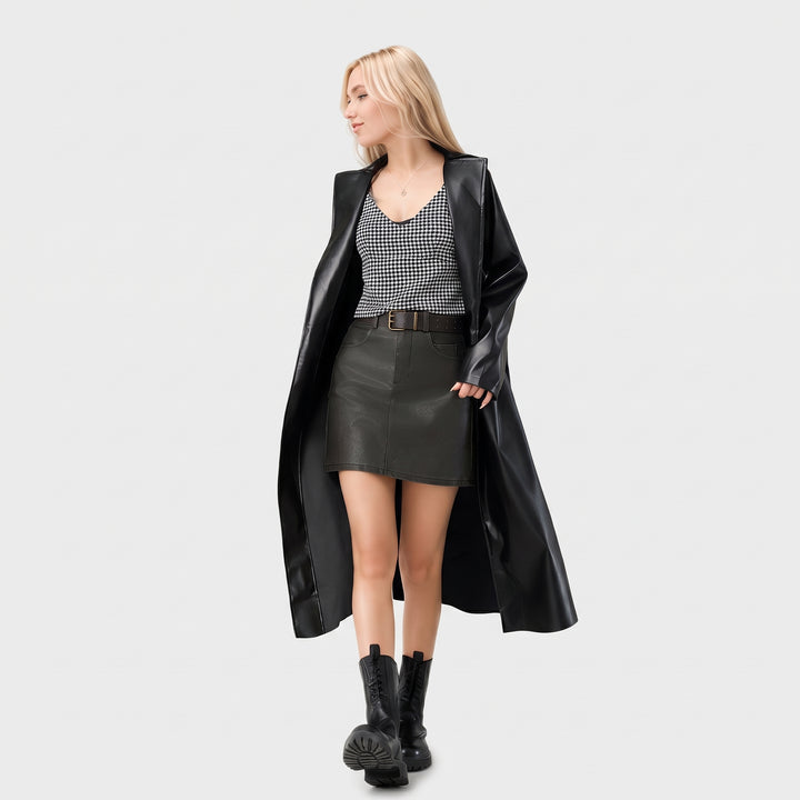 Women's Long Black Trench Coat, Faux Leather Notched Lapels