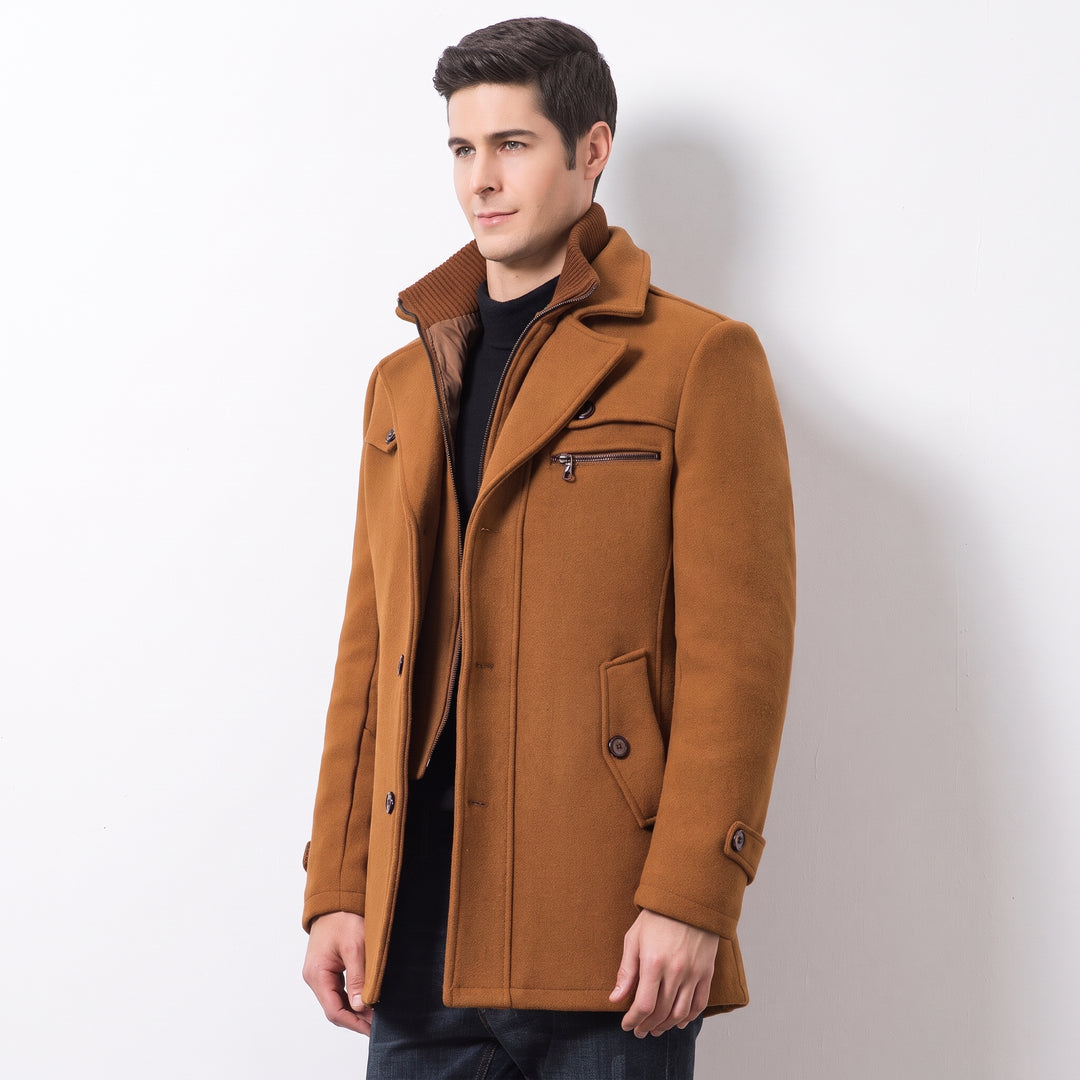 Men's Slim Fit Winter Peacoat, Single Breasted Zipper High Neck