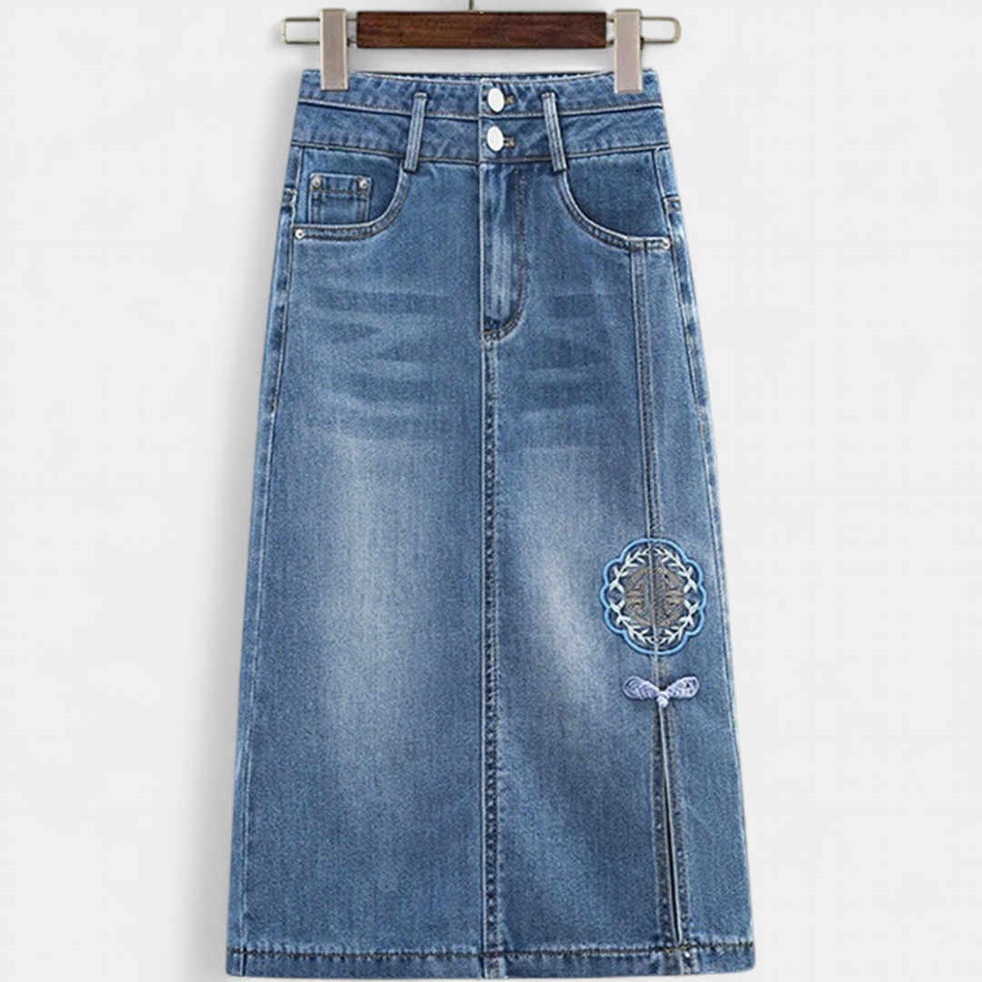 Women's Embroidered High Waist Denim Midi Skirt, Front Slit