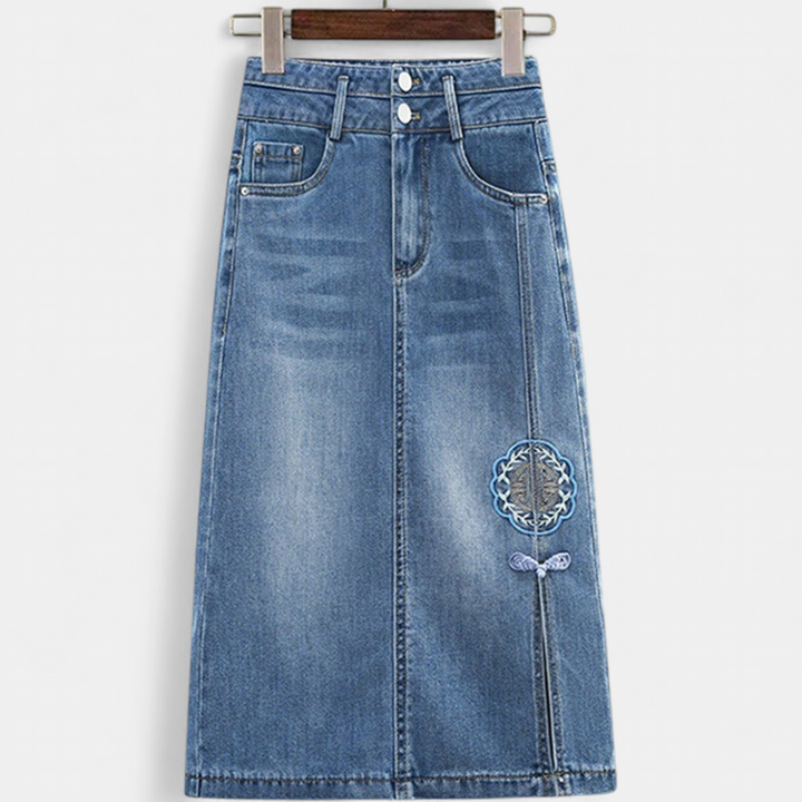 Women's Embroidered High Waist Denim Midi Skirt, Front Slit