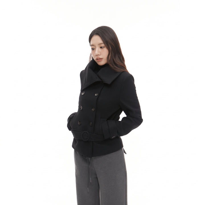 Women's Short Double Breasted Peacoat, Slim Fit High Neck Belted