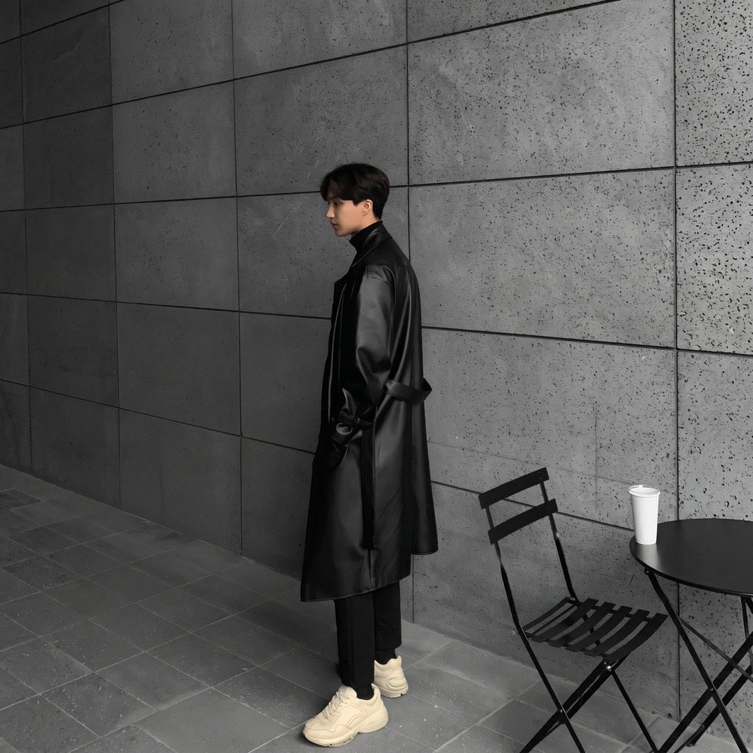 Men's Long Black Trench Coat, Oversized Double Breasted Belted