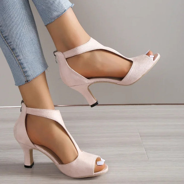 Women's Kitten Heel Peep Toe T Strap Sandals, Cutout Zip Back