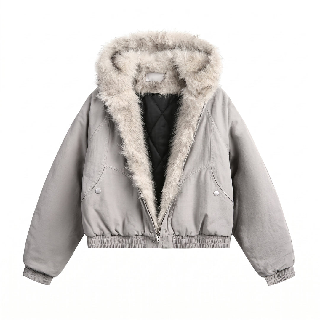 Women's Cropped Winter Puffer Jacket, Hooded Fur Lined Oversize