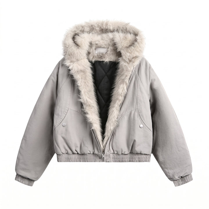 Women's Cropped Winter Puffer Jacket, Hooded Fur Lined Oversize