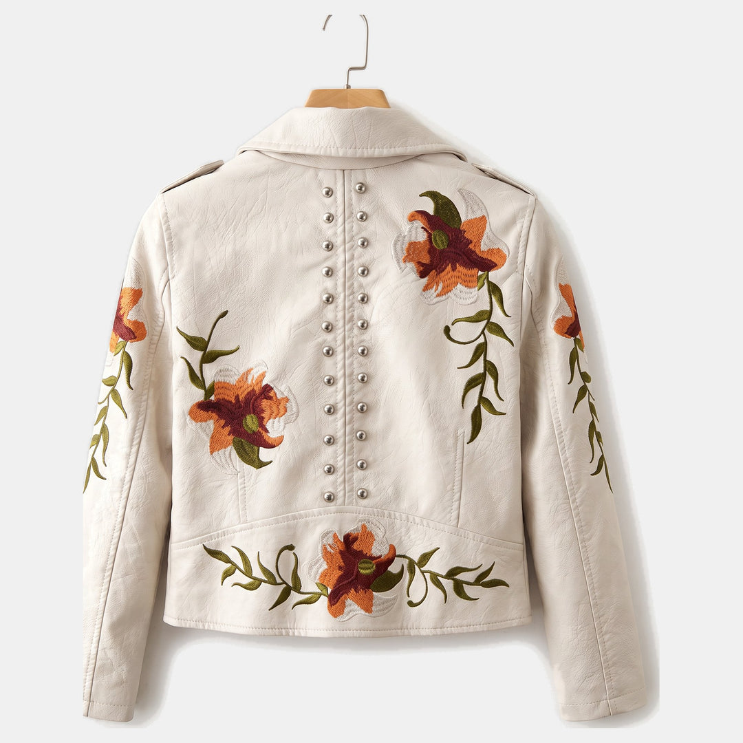 Women's Cropped Leather Moto Jacket, Zip Front Embroidered