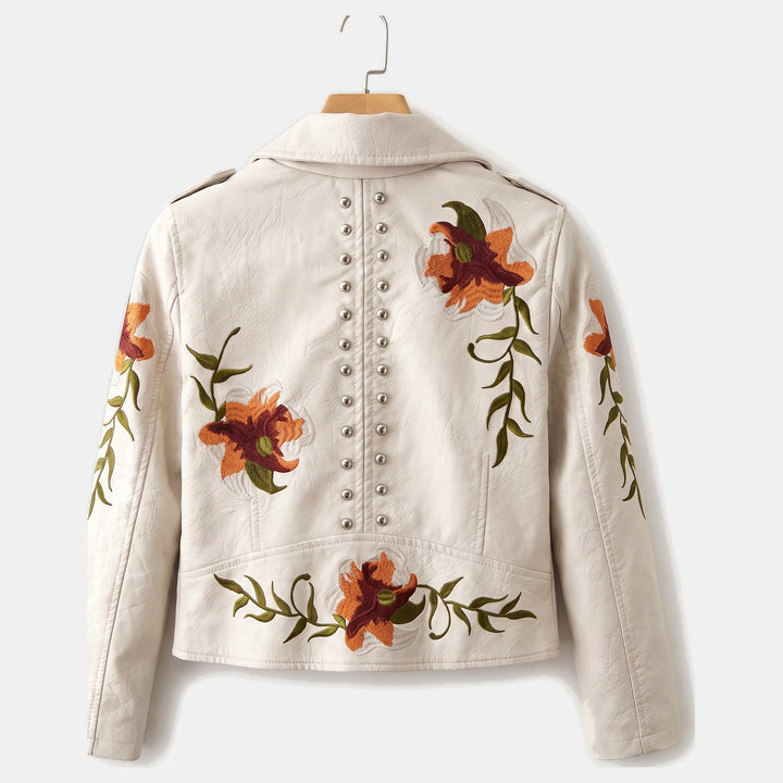 Women's Cropped Leather Moto Jacket, Zip Front Embroidered