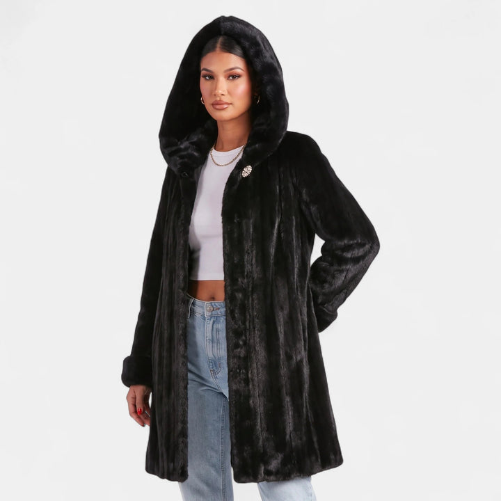 Women's Oversized Hooded Faux Fur Coat, Knee Length Open Front