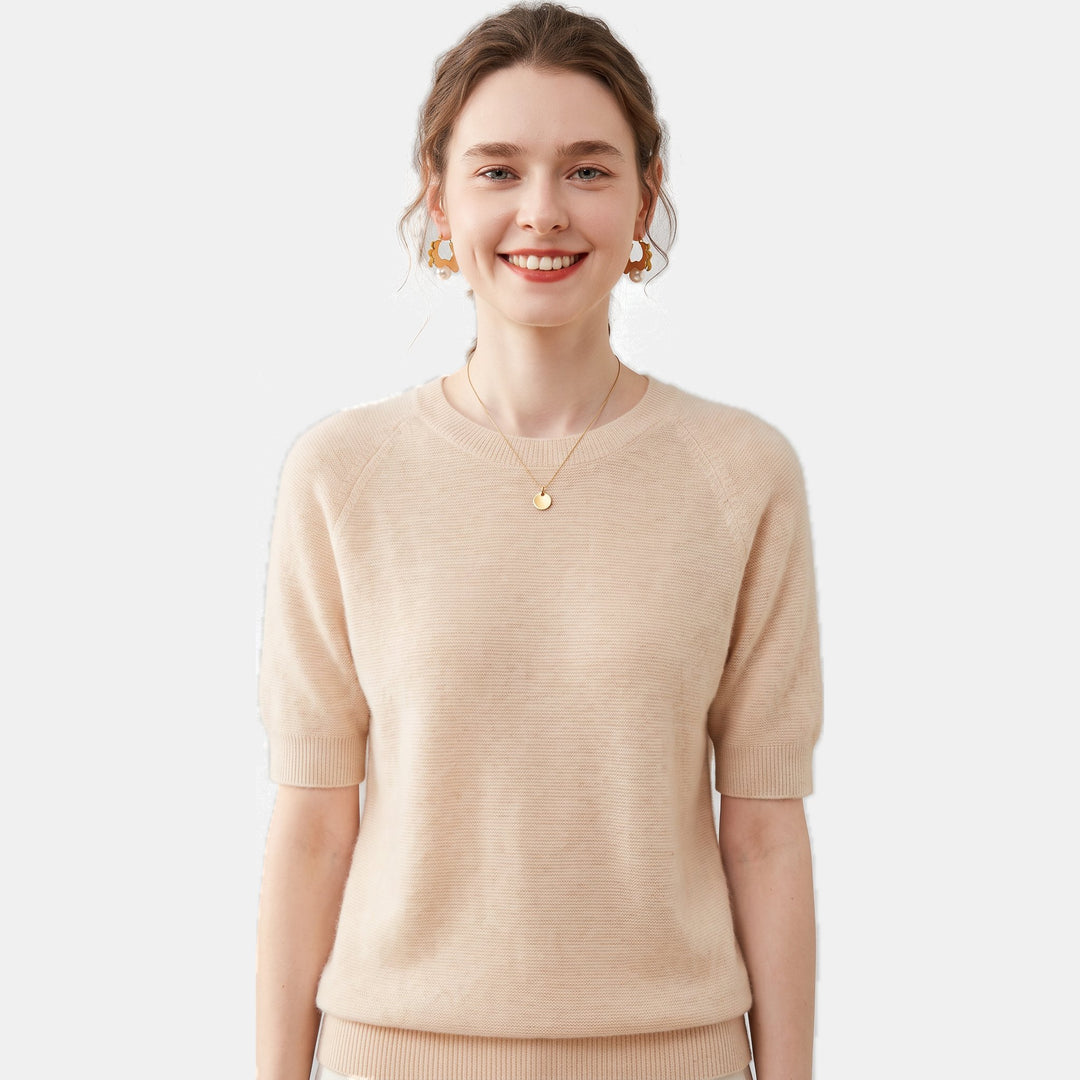 Women's Crew Neck Oversized Cashmere Sweater, Short Sleeve