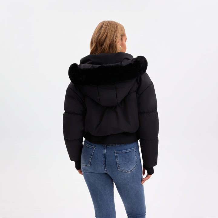 Women's Cropped Winter Puffer Jacket, Bubble Hooded Quilted Fur