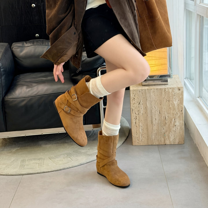 Women's Mid Calf Comfortable Winter Boots, Buckle Straps