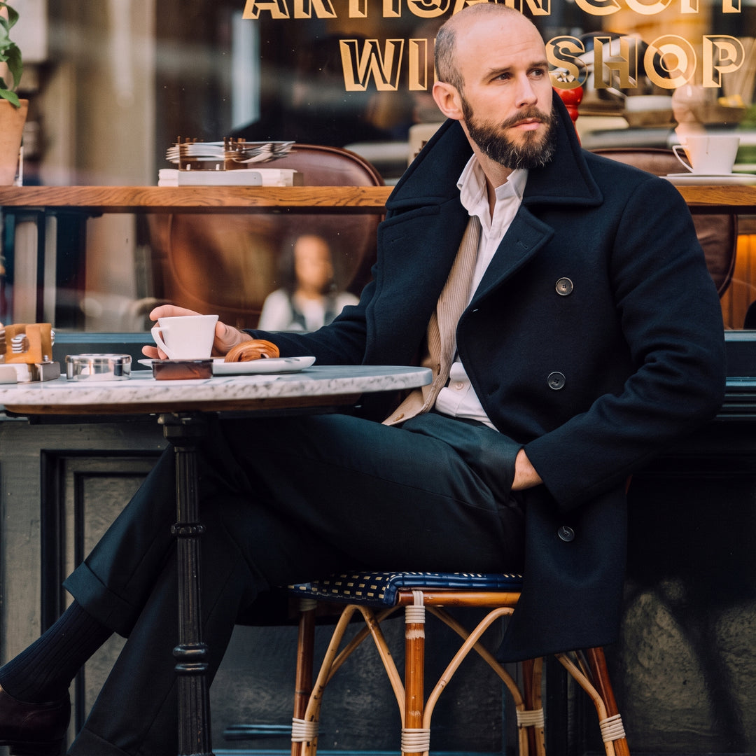 Men's Double Breasted Winter Peacoat, Mid Length Wide Lapels