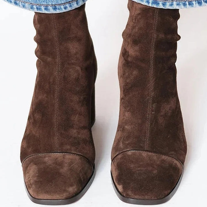 Women's Suede Square Toe Brown Boots, Block Heel Side Zip