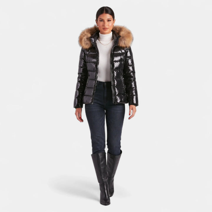 Women's Puffer Jacket, Hip Length Faux Fur Collar Tailored Zip