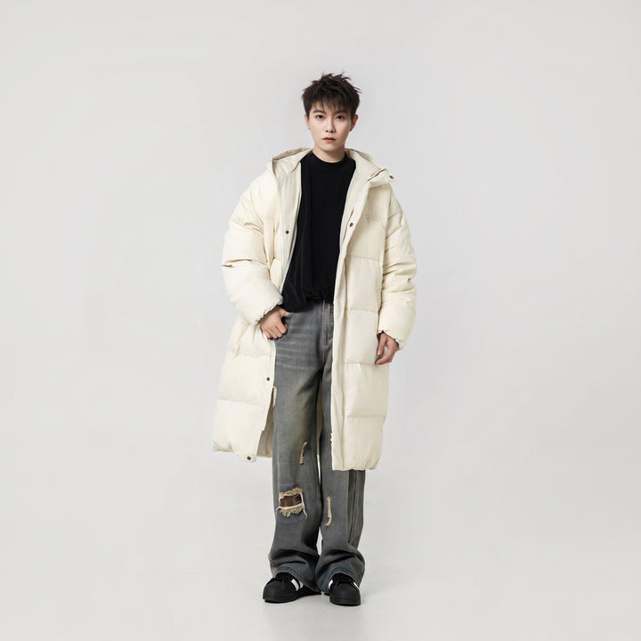 Men's Cream Long Puffer Jacket with Hood, Quilted Midlength