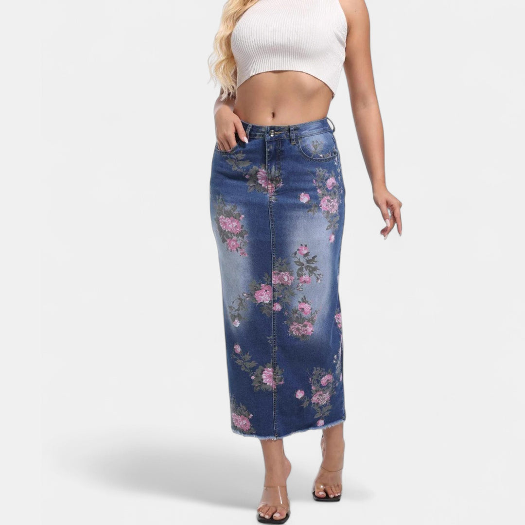 Women's Floral Print Denim Midi Skirt, Fitted Pencil Raw Hem