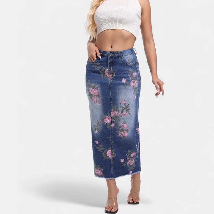 Women's Floral Print Denim Midi Skirt, Fitted Pencil Raw Hem