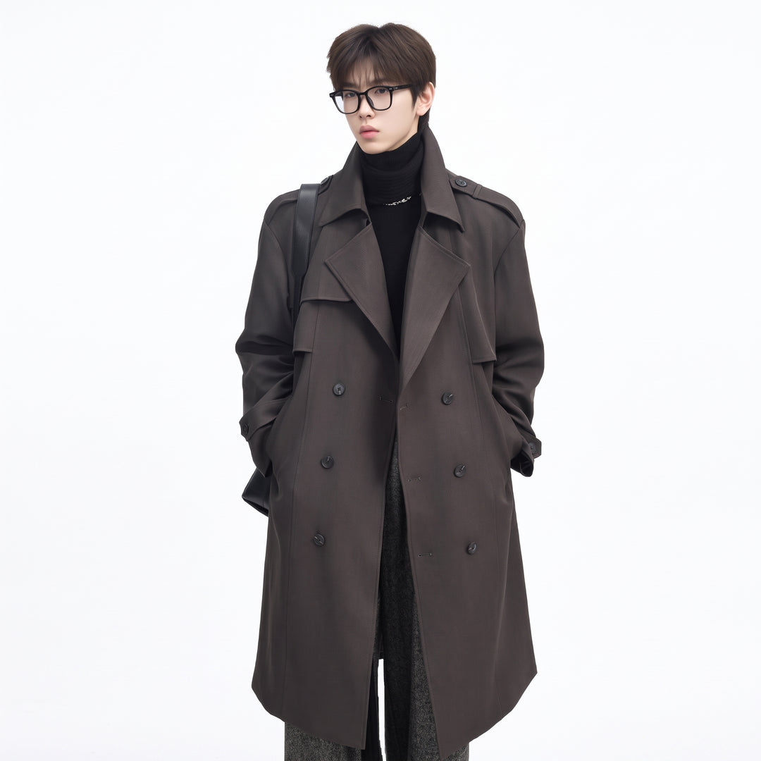 Men's Oversized Long Trench Coat, Double Breasted Epaulettes
