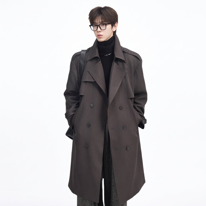 Men's Oversized Long Trench Coat, Double Breasted Epaulettes