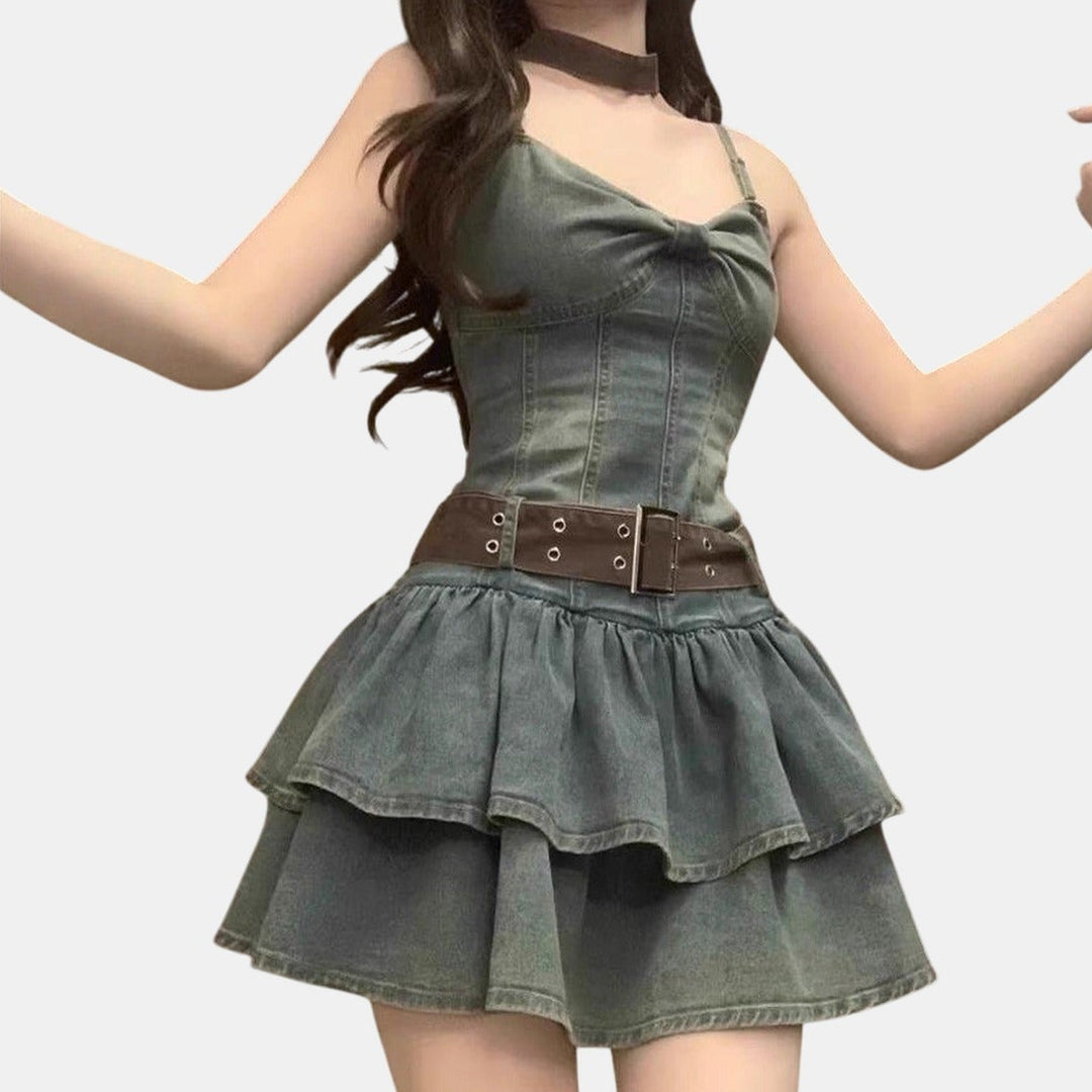 Women's Denim Corset Mini Dress, Tiered Ruffle Skirt