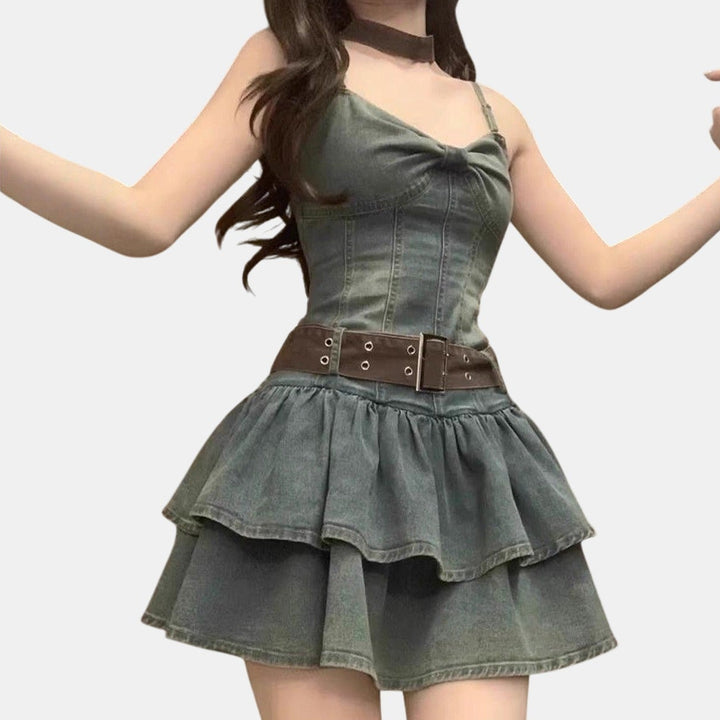 Women's Denim Corset Mini Dress, Tiered Ruffle Skirt
