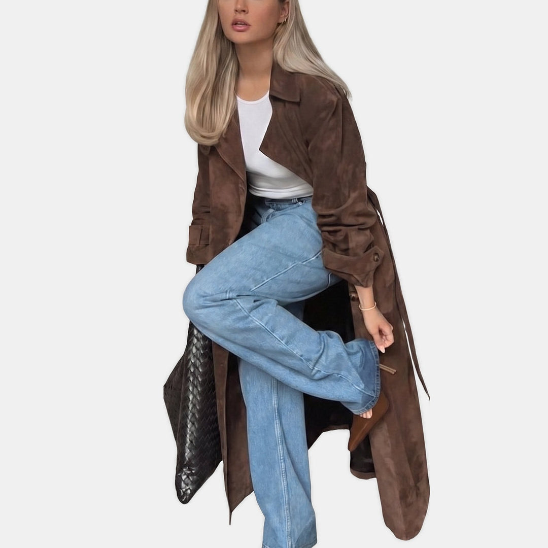 Women's Long Suede Trench Coat, Belted Waist Button Front