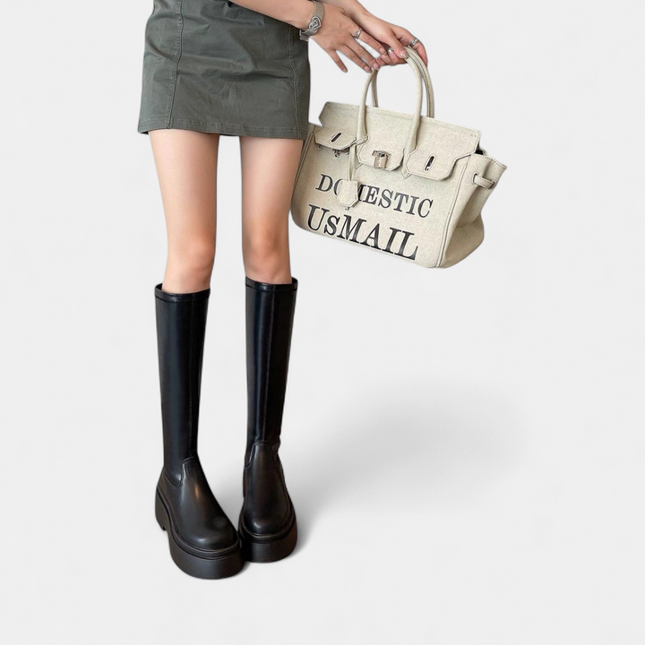 Women's Black Platform Knee High Boots, Tall Shaft