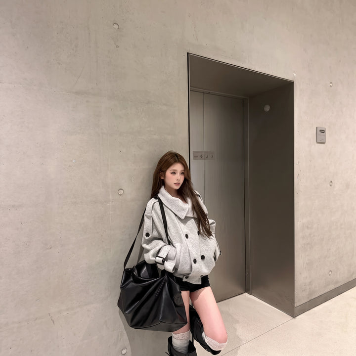 Women's Short Gray Peacoat, Double Breasted Oversized Waist Length