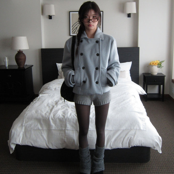 Women's Short Double Breasted Peacoat, Buttoned Cuff Tabs