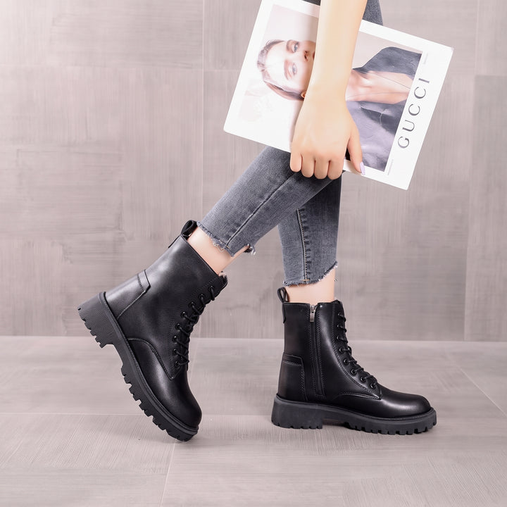 Women's Black Comfortable Winter Boots, Lace Fur Lined Ankle