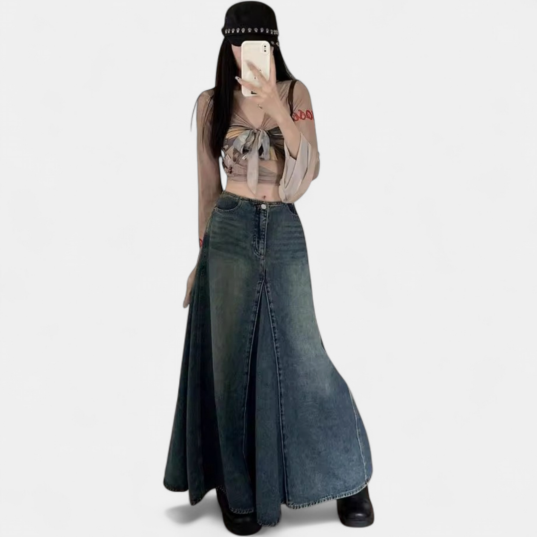 Women's High Waisted A Line Denim Maxi Skirt, Vintage Wash Flared