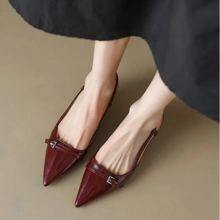 Women's Slingback T Strap Kitten Heel Pumps, Pointed Toe Buckle Detail