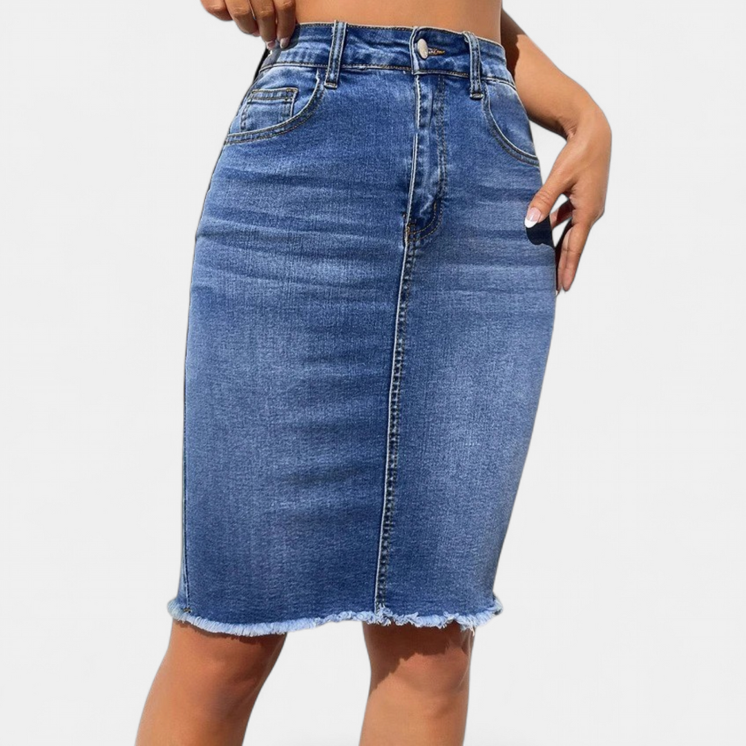 Women's High Waisted Denim Midi Skirt, Fitted Pencil Raw Hem