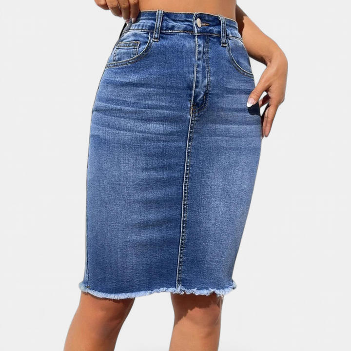 Women's High Waisted Denim Midi Skirt, Fitted Pencil Raw Hem