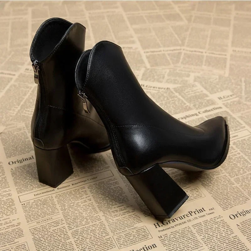 Women's Ankle Boots, Pointed Toe Block Heel Leather Side Zip